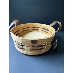 Vintage 12” Round Peterboro Lazy Susan Revolving Basket Handles Red Blue Trim
